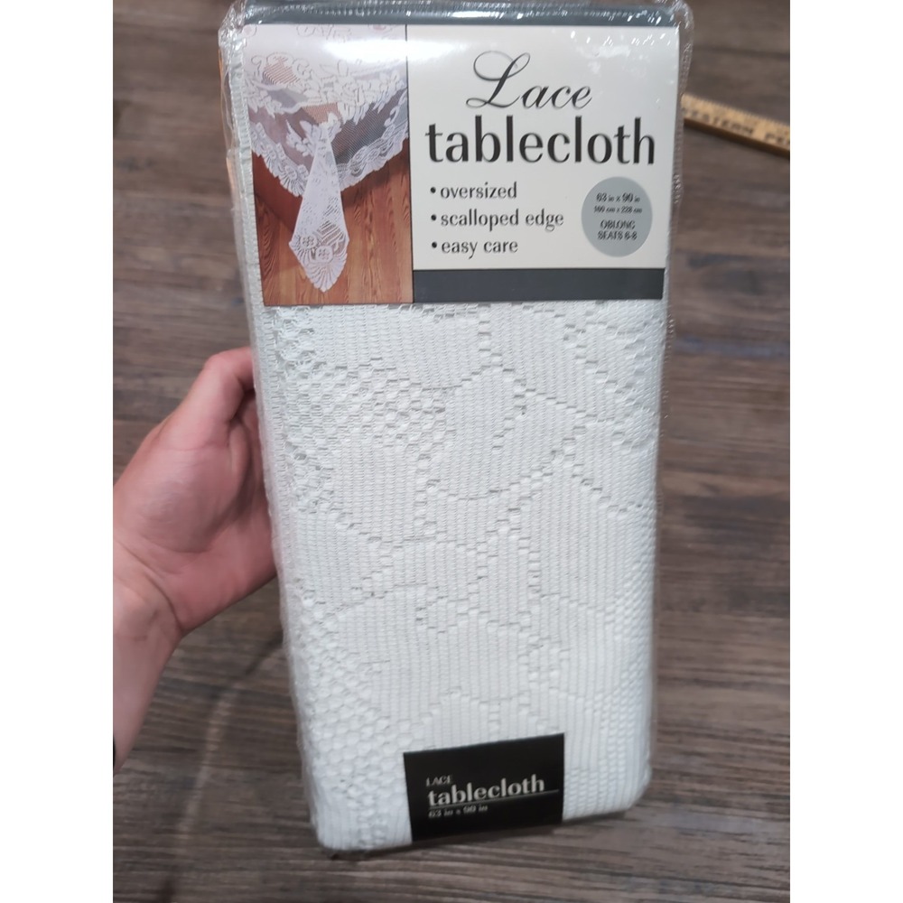 Ritz White Lace tablecloth Oblong 63" x 90" Scalloped Edge, Oversized, Seats 6-8